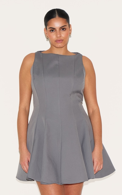 Plus Charcoal Woven Pleated Slash Neck Shift Dress