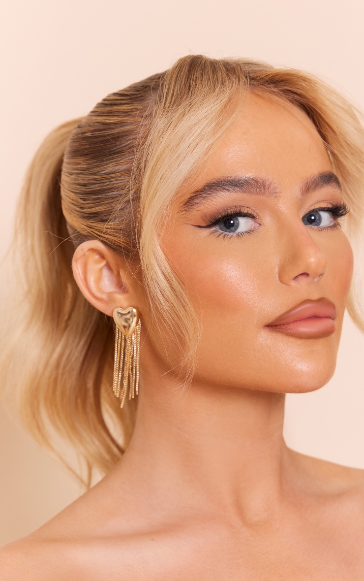 Gold Heart Chain Tassel Statement Earrings image 1