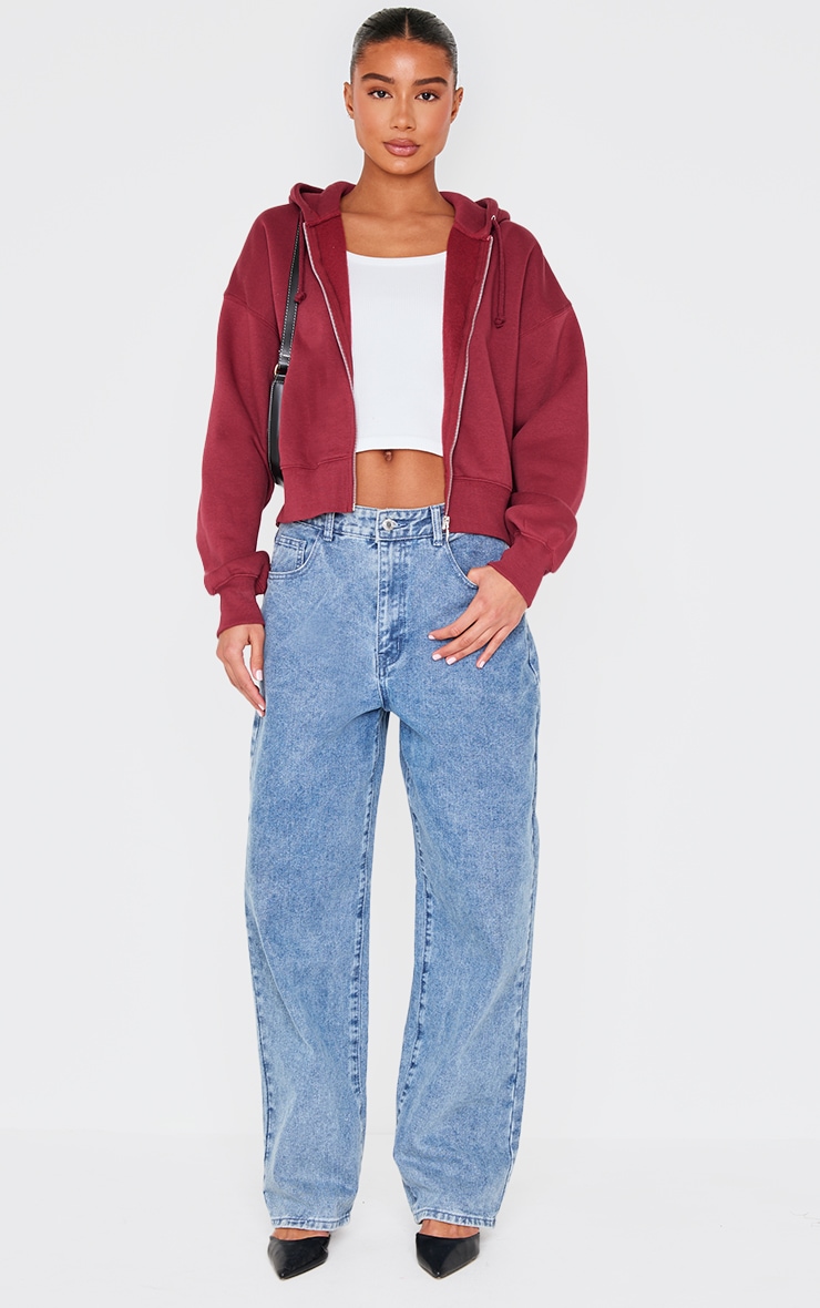 PRETTYLITTLETHING Burgundy Puff Print Oversized Zip Up Hoodie image 3