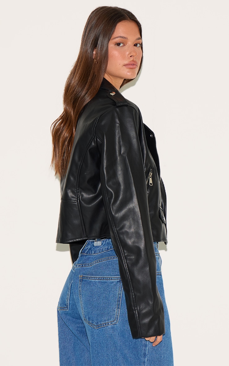Black Basic Faux Leather Pocket Detail Biker Jacket image 2
