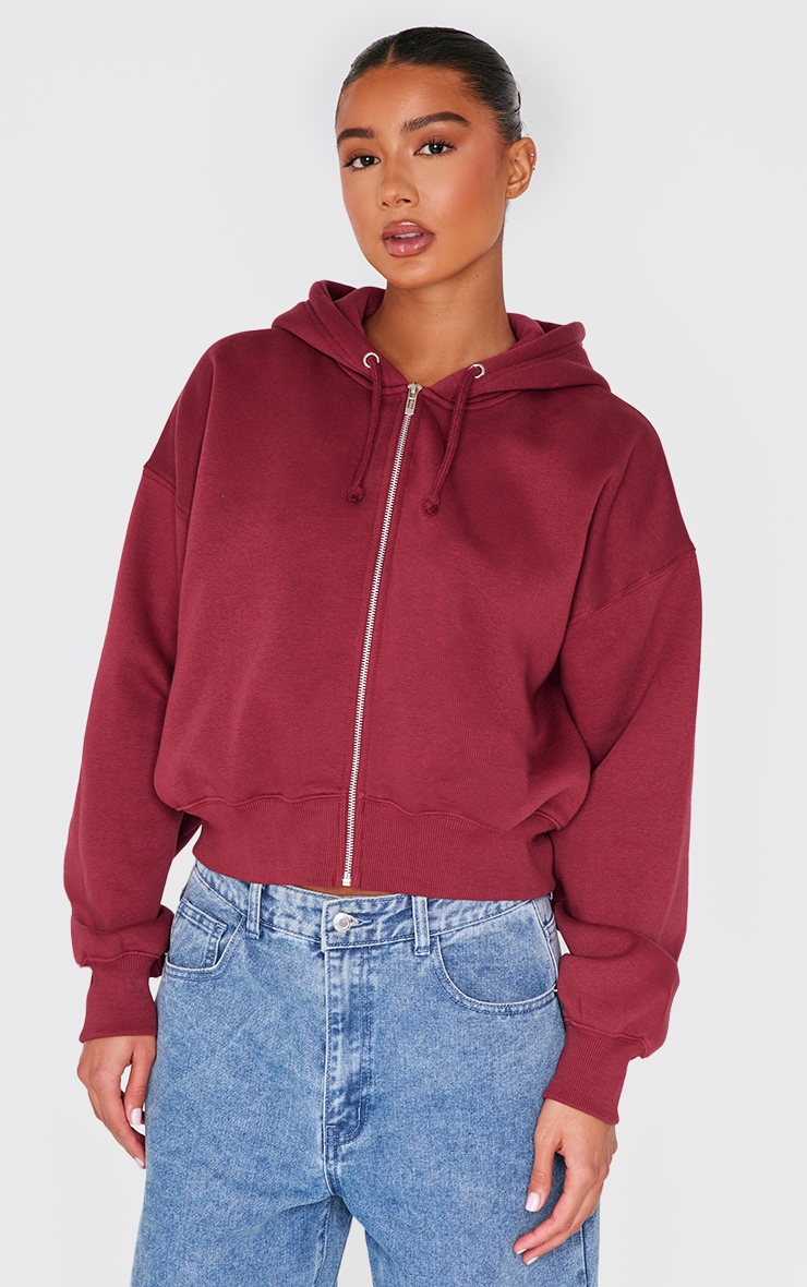 PRETTYLITTLETHING Burgundy Puff Print Oversized Zip Up Hoodie image 2
