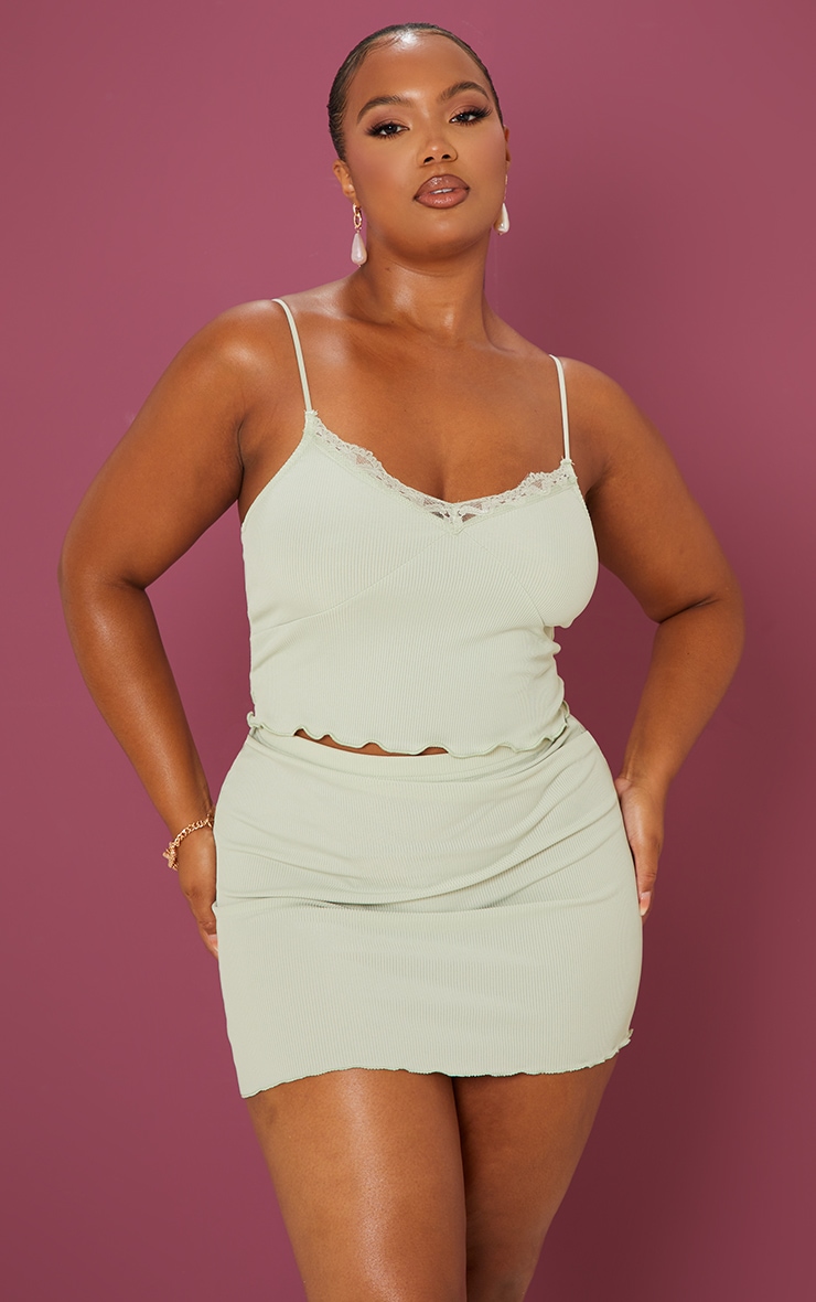 Plus Sage Green Ribbed Lettuce Hem Mini Skirt image 4