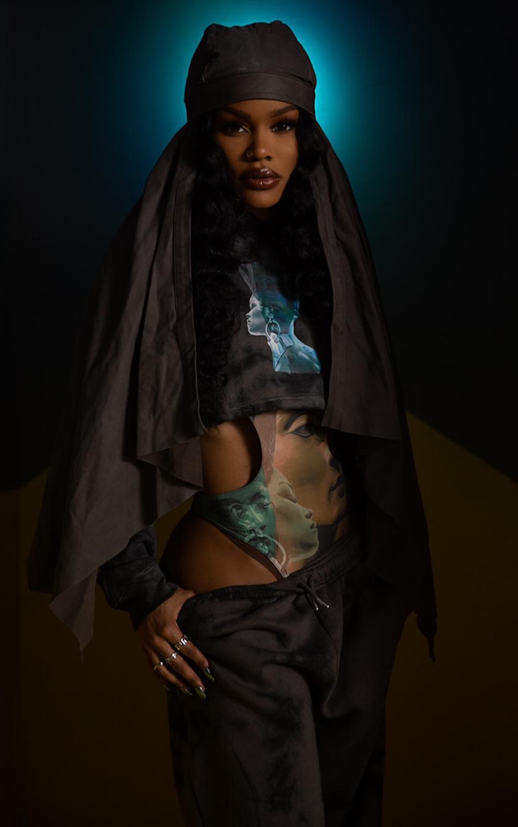 Grey Tie Dye Statue Print Crop Hoodie