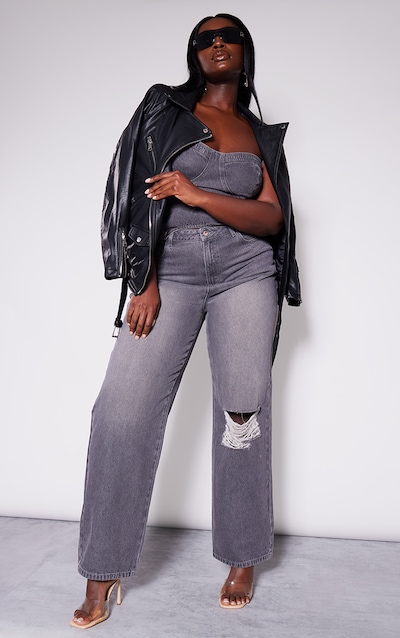 Plus Washed Grey Detachable Bandeau Denim Jumpsuit