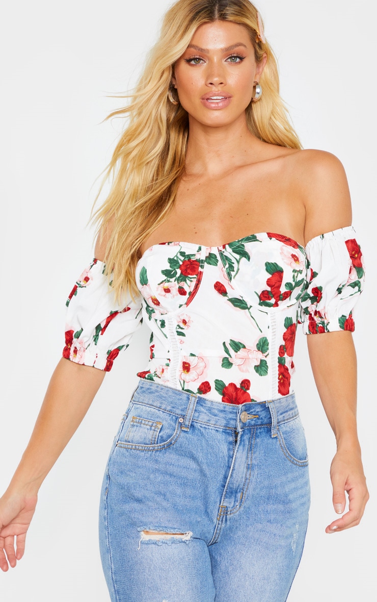 White Floral Cup Detail Bardot Puff Sleeve Top PrettyLittleThing