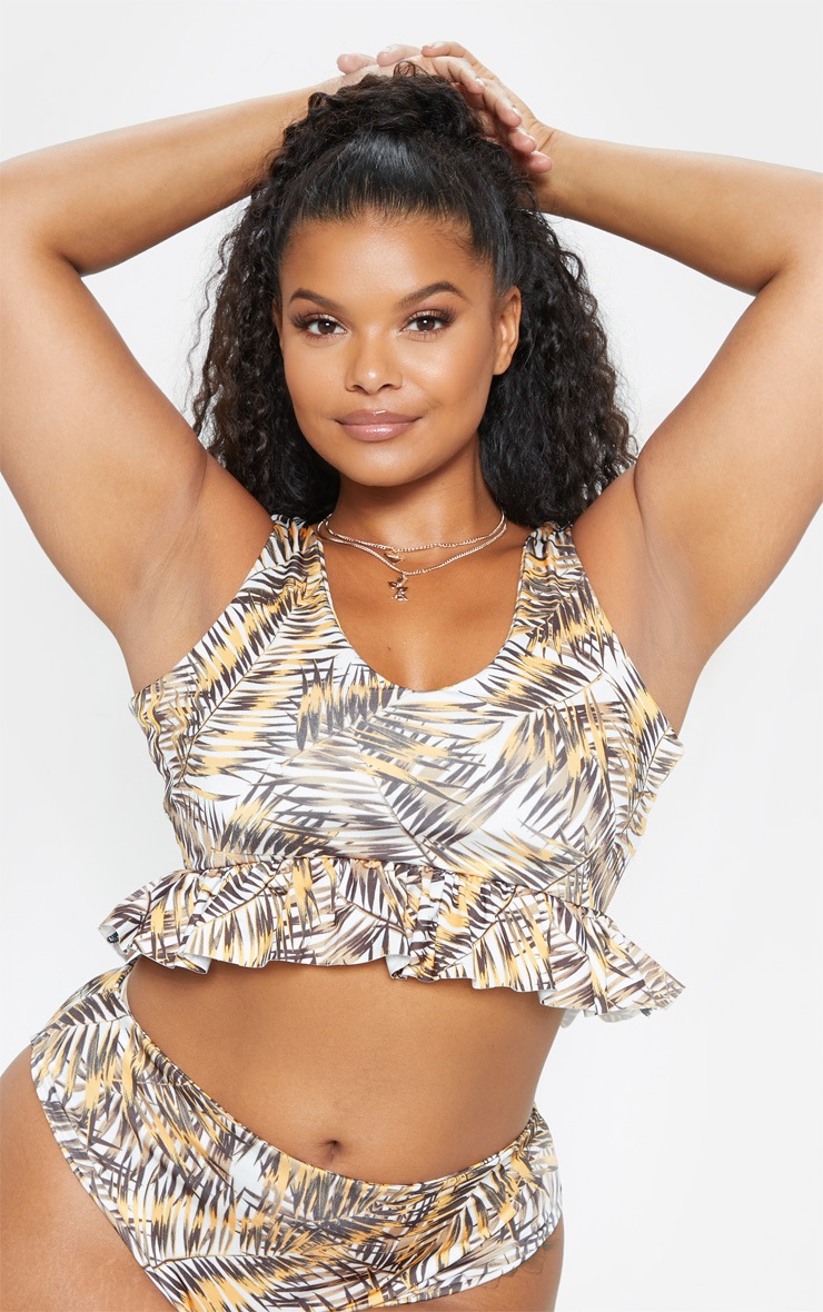 PLT Plus -Haut de bikini marron à imprimé feuilles et volants