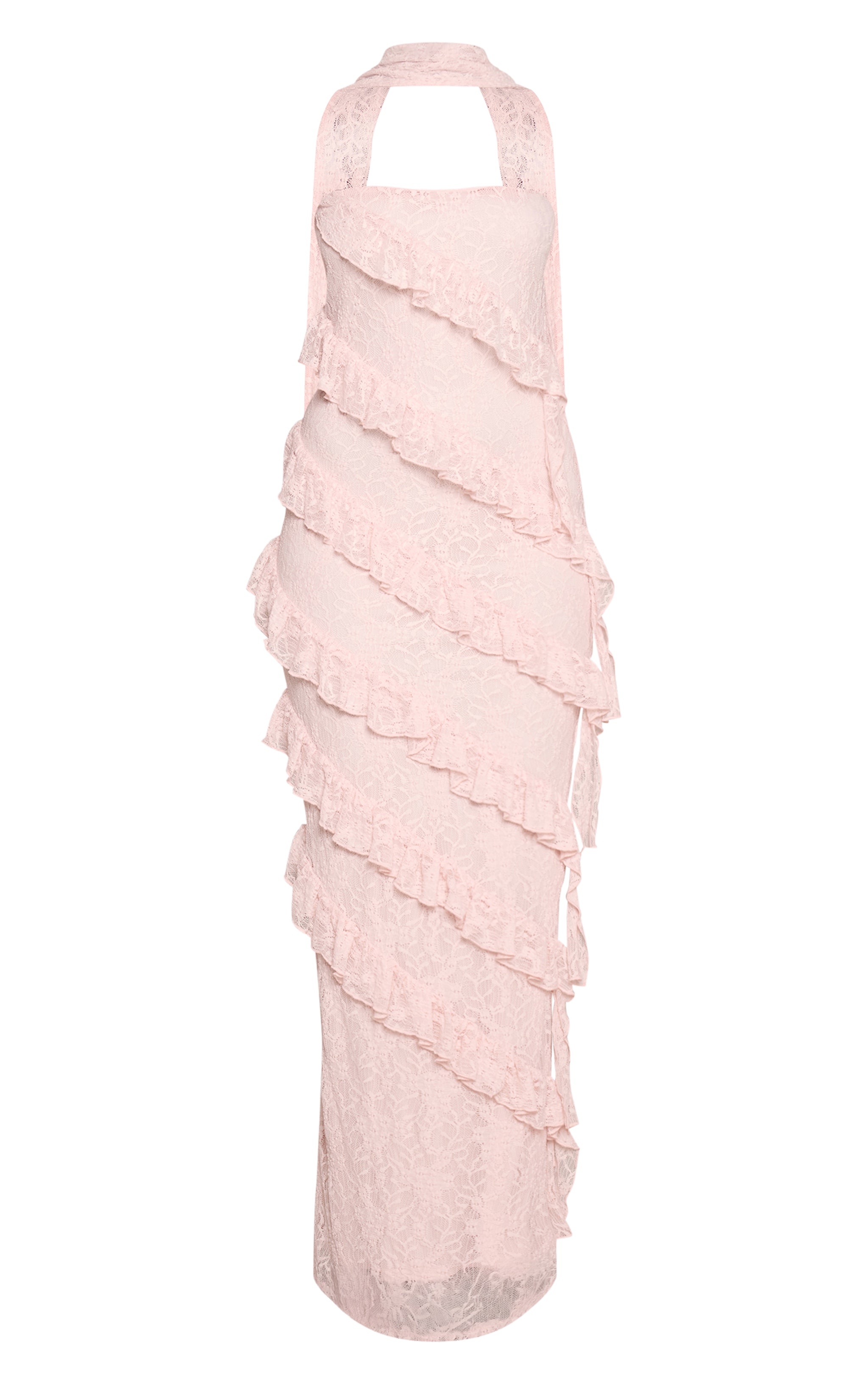Robe longue asymétrique en dentelle rose à détail foulard image 5