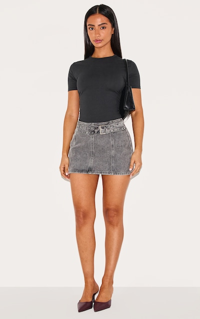 Petite Grey Acid Wash Denim Buckle Detail Mini Skirt