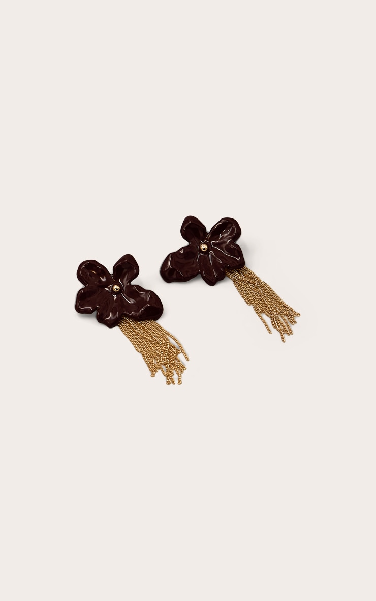Burgundy Flower Gold Chain Drape Earrings image 3