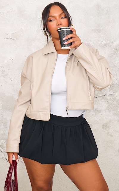 Plus Stone Textured Faux Leather Zip Up Minimal Biker Jacket