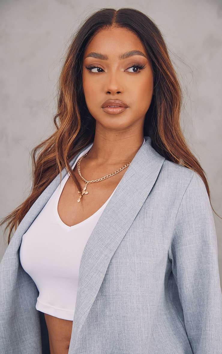 Grey Basic Single Breasted Textured Light Weight Curved Lapel Blazer image 4