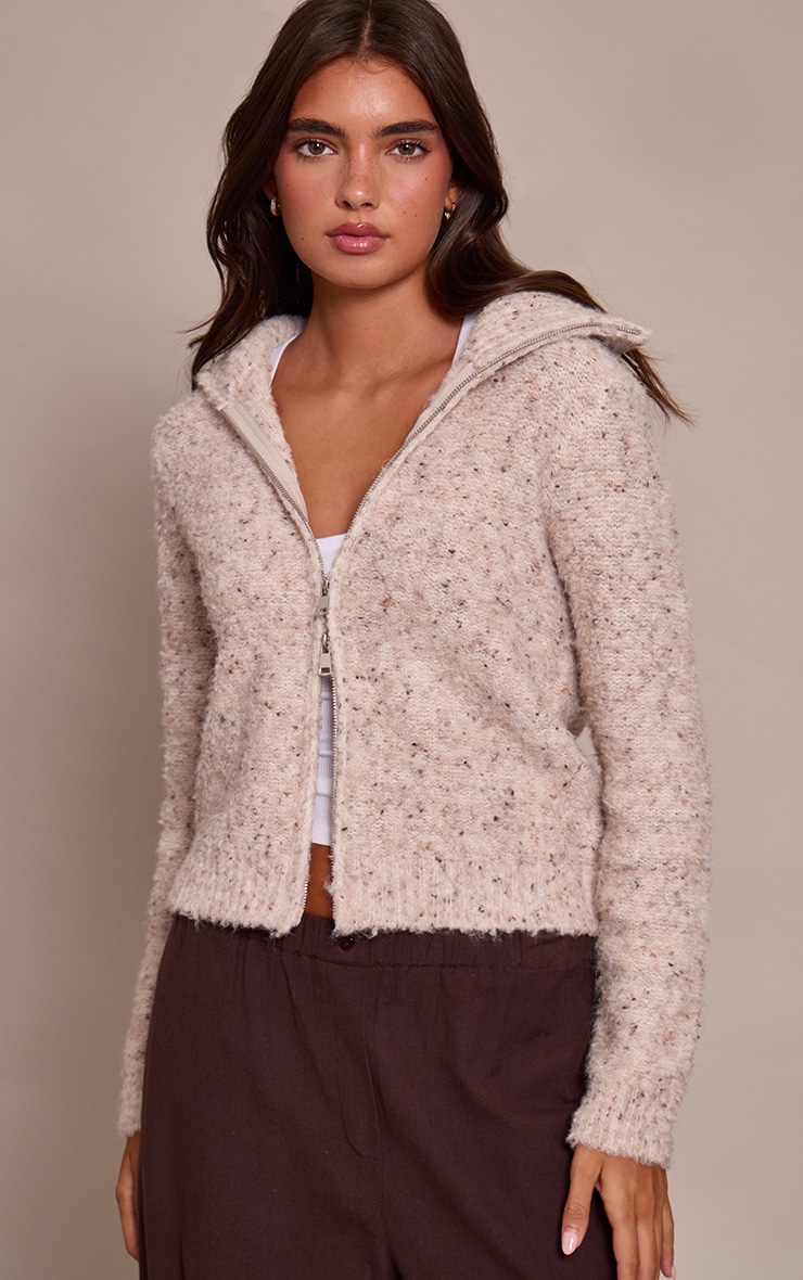 Beige Marl Zip Through Cardigan image 1