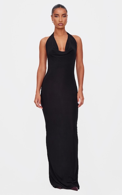 Black Soft Touch Cowl Neck Twist Back Detail Maxi Dress