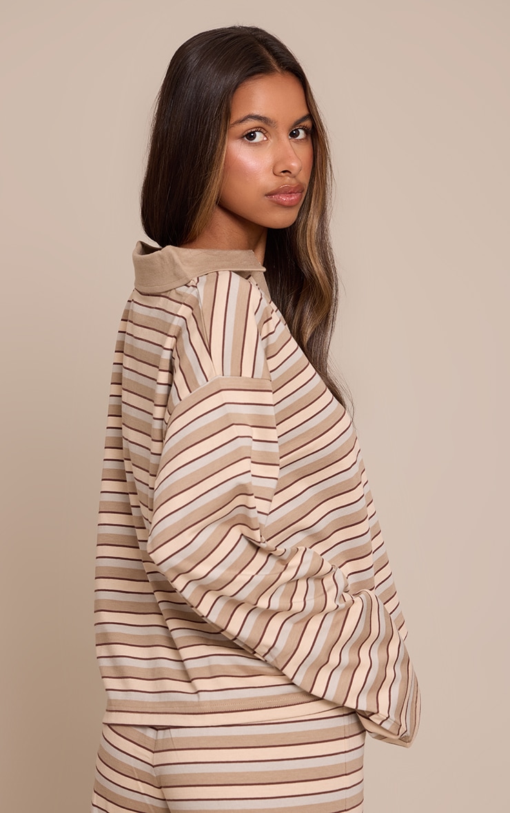 Petite Beige Striped Collared V Neck Top image 2
