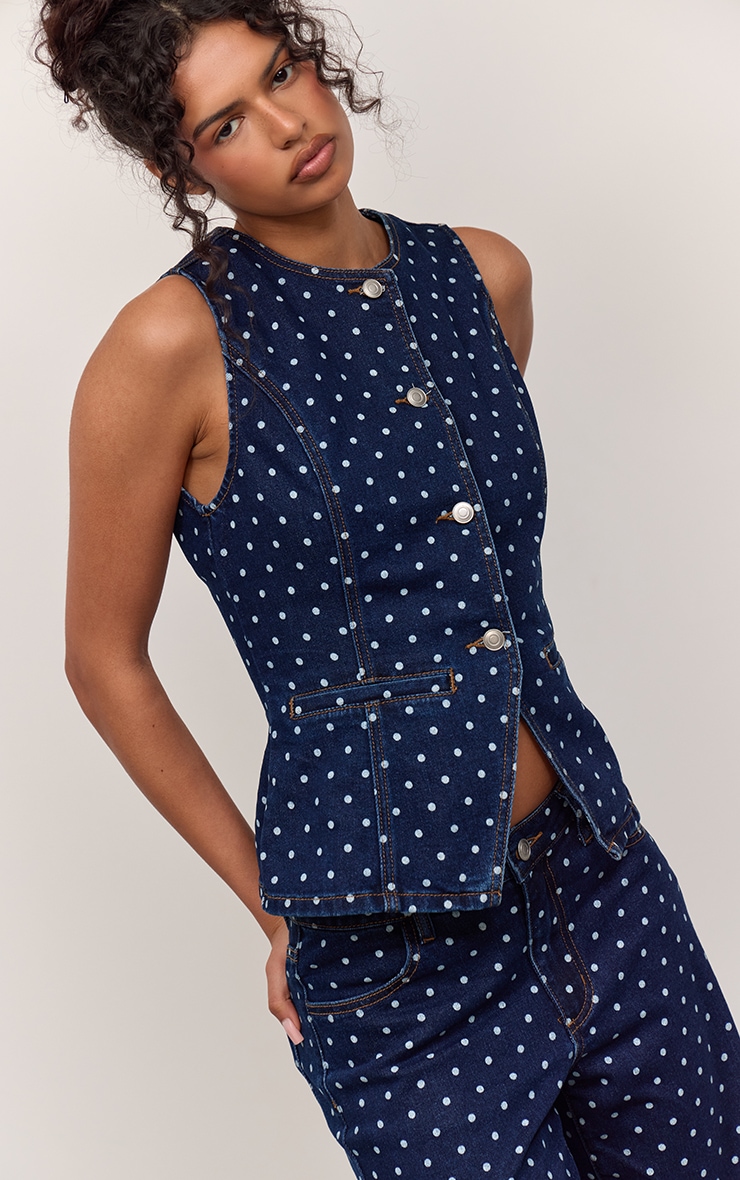 Indigo Polka Dot Longline Fitted Denim Waistcoat