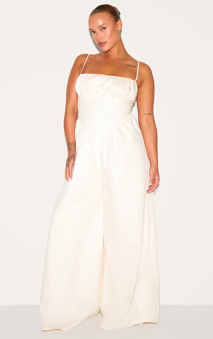 Plus Cream Premium Ruched Corset Detail Wide Leg Jumpsuit image 3