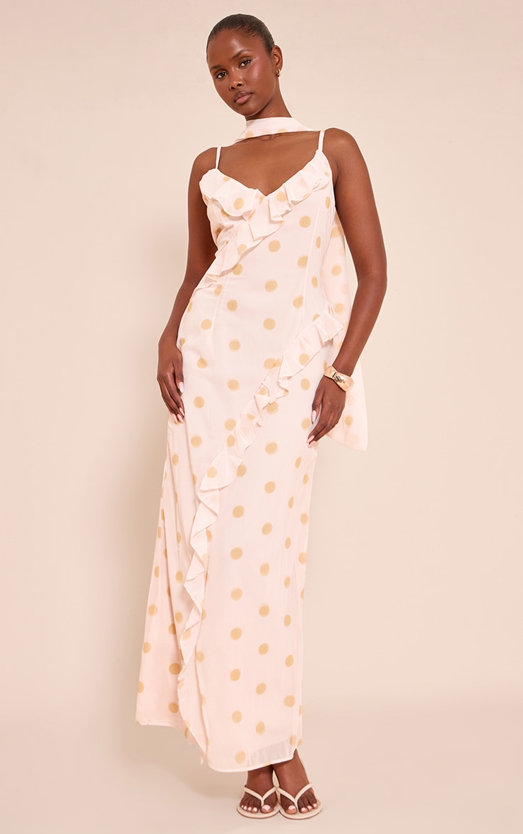Lemon Polka Dot Printed Chiffon Frill Details Strappy Maxi Dress image 1