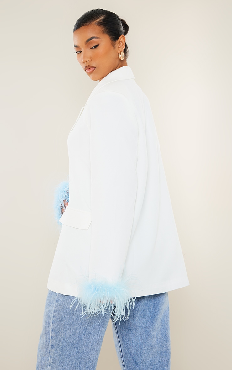 White Contrast Feather Cuff Detail Oversized Blazer image 2