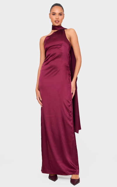 Burgundy Satin Scarf Detail Maxi Dress