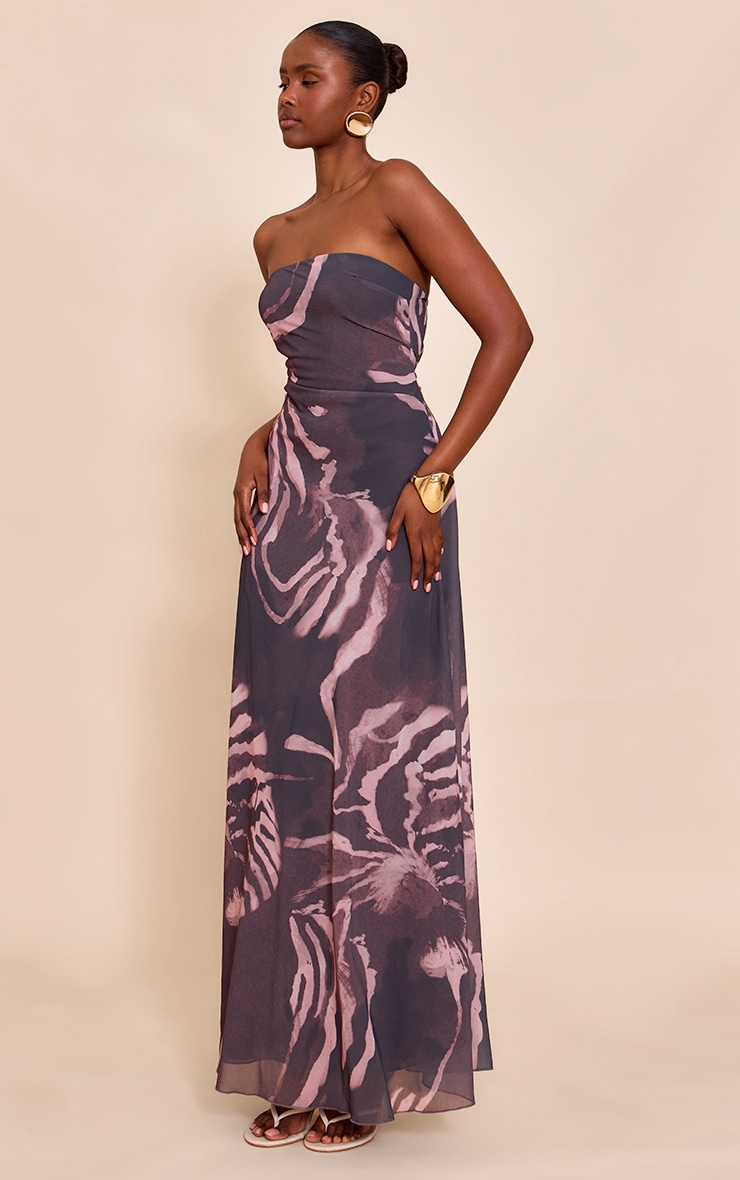 Dark Grey Abstract Printed Chiffon Bandeau Maxi Dress image 3