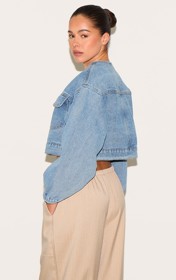 Mid Blue Wash Round Neck Crop Denim Jacket image 2