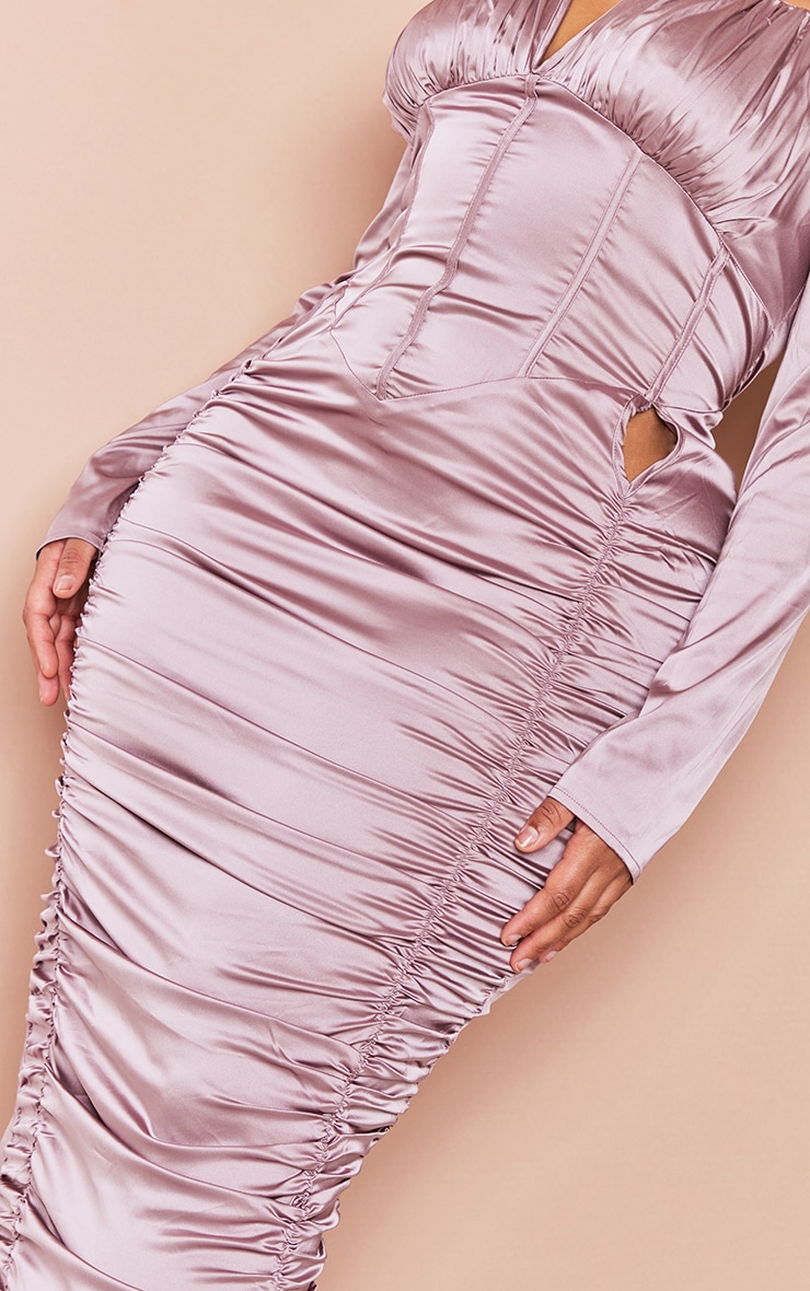 Plus Mauve Ruched Corset Satin Midi Dress image 4