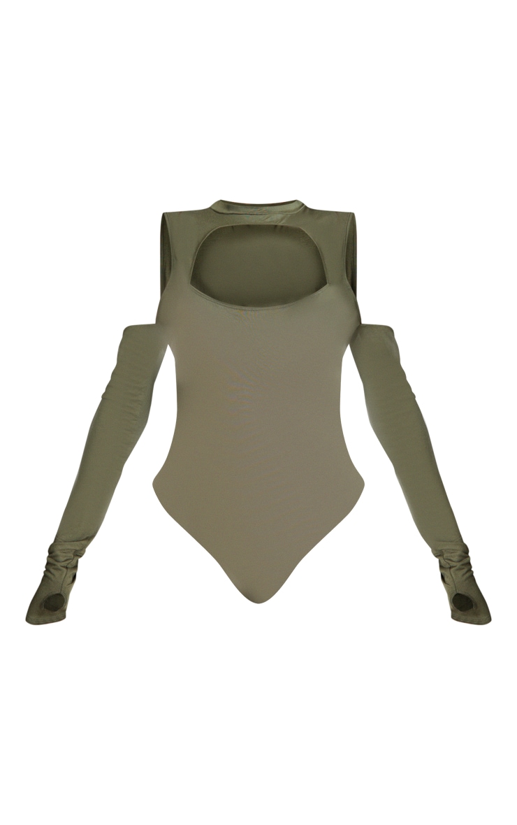 Khaki Jersey High Neck Cut Out Detail Bodysuit image 5