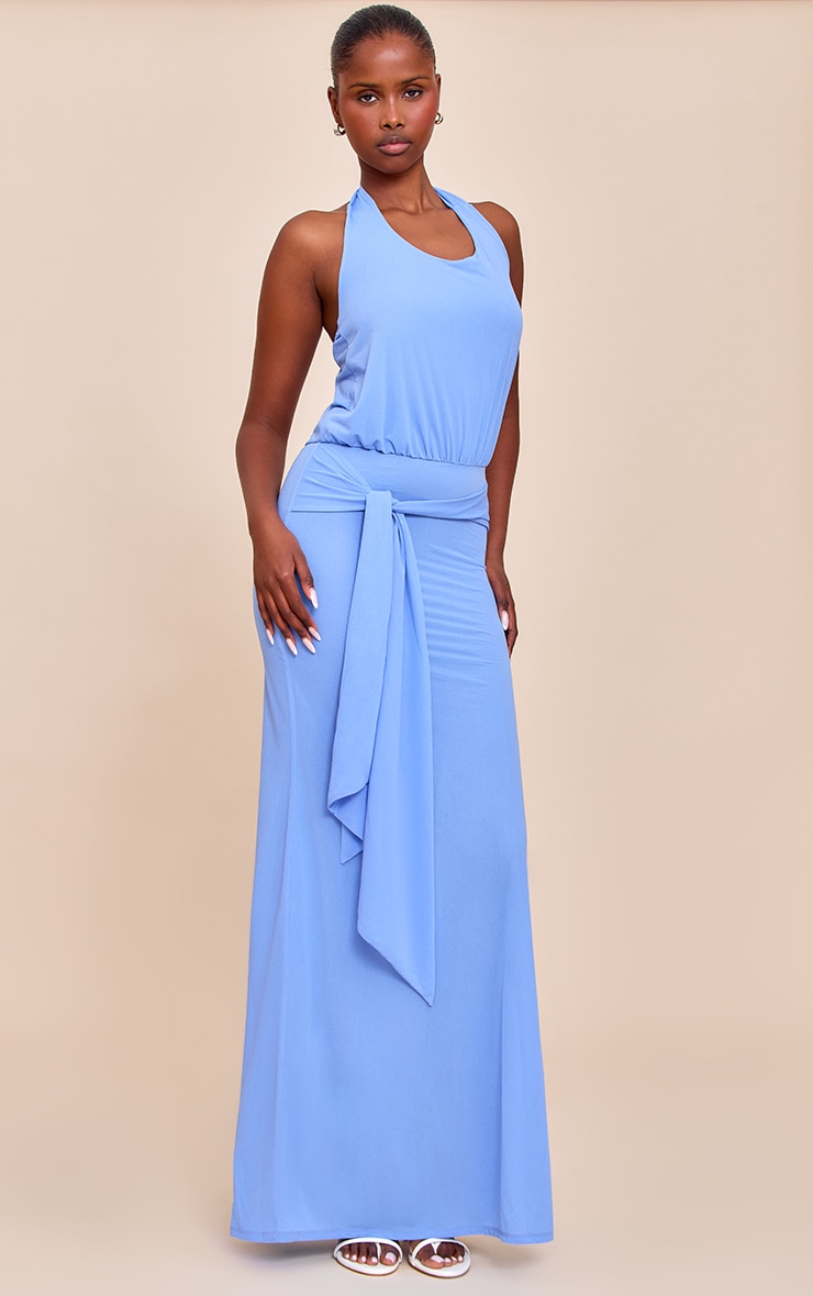 Bright Blue Double Layered Chiffon Halterneck Keyhole Maxi Dress image 3