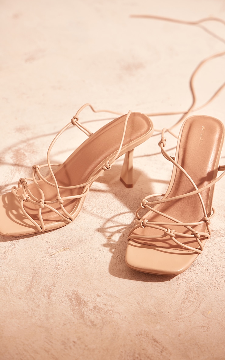 Nude Pu Crinkle Lace Up Low Heeled Sandals image 3