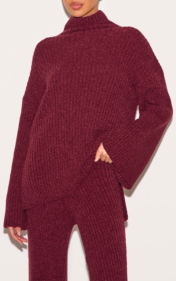 Burgundy Rib Boucle Knit Wide Leg Pants image 4