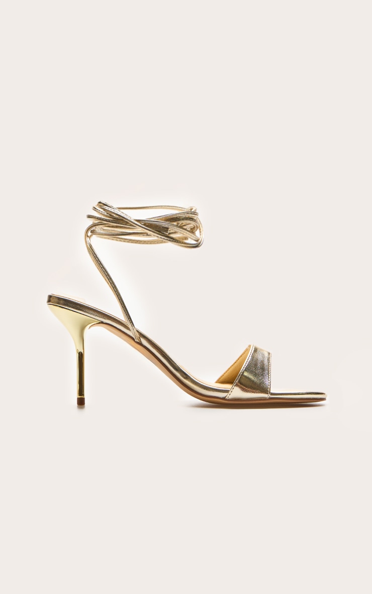 Gold Pu Round Toe Lace Up High Stiletto Heeled Sandals image 2