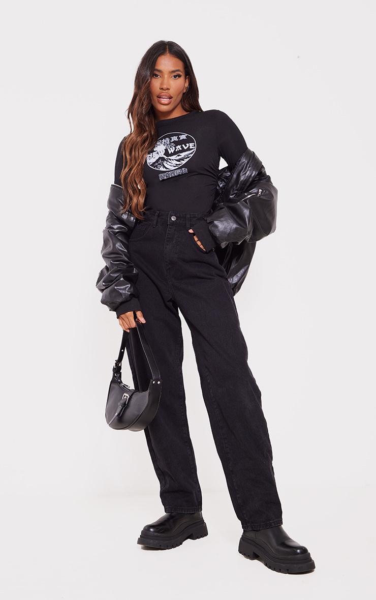 Black New Wave Ruched Side Rib Bodysuit