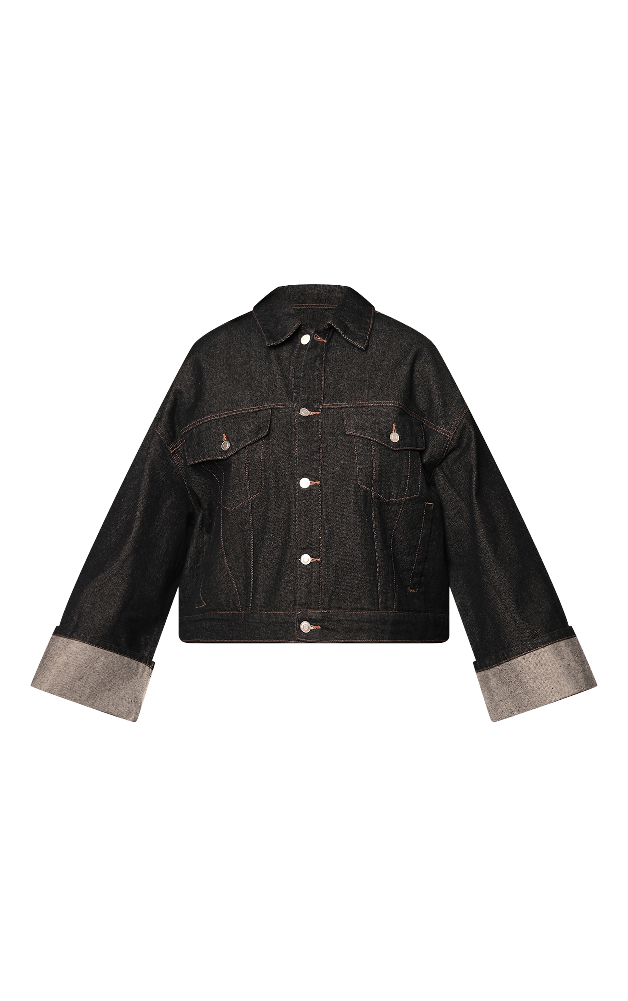 Plus Raw Indigo Wash Turn Up Cuff Contrast Stitch Denim Jacket image 5