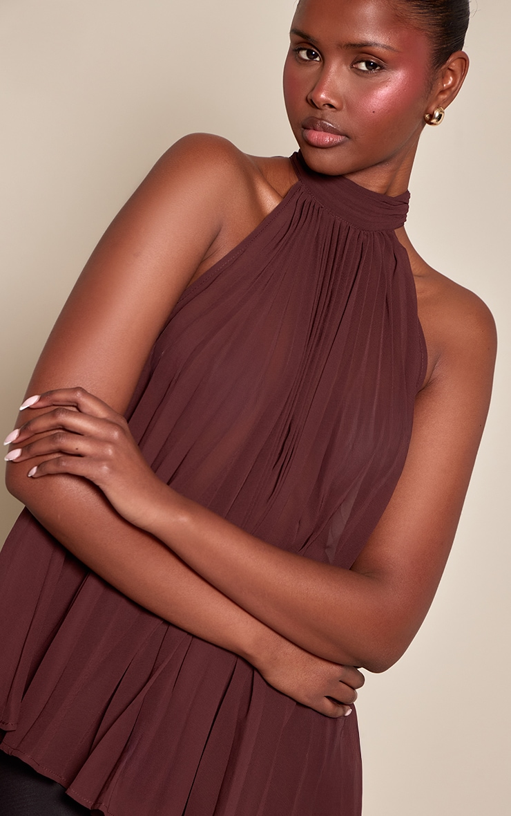 Chocolate Chiffon Plisse Drape Detail Halterneck Top image 4