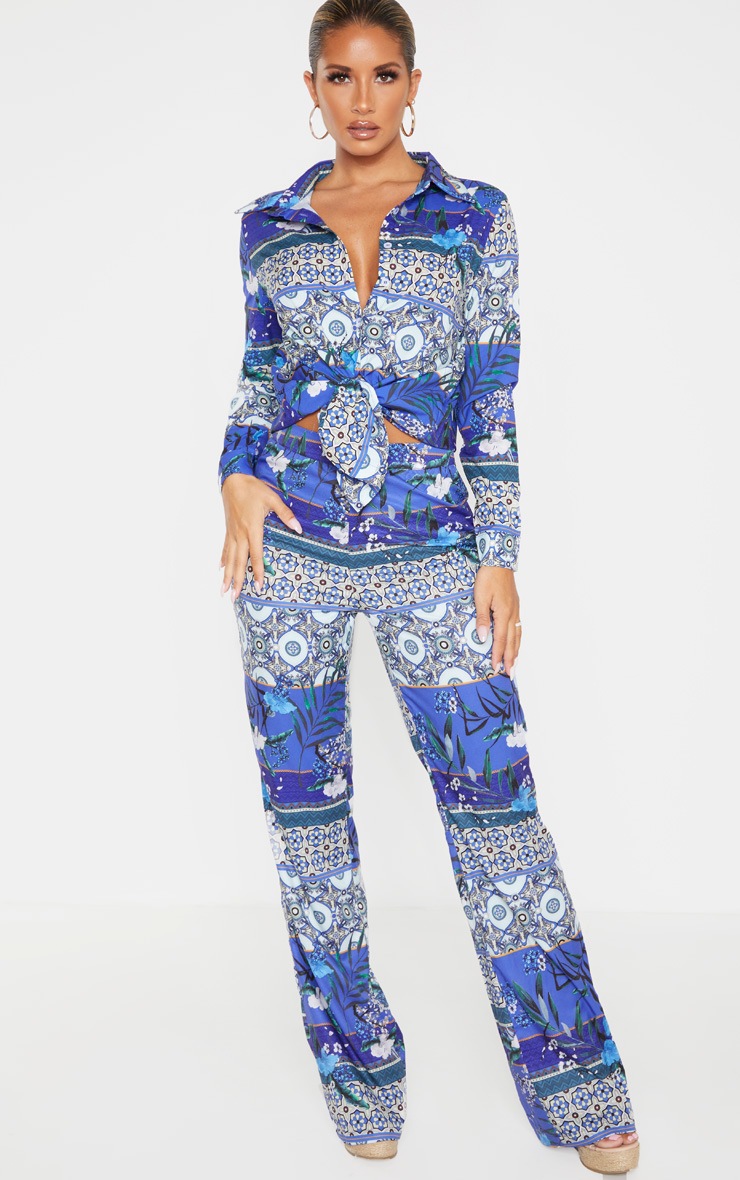 Blue Floral Geo Print Beach Flares