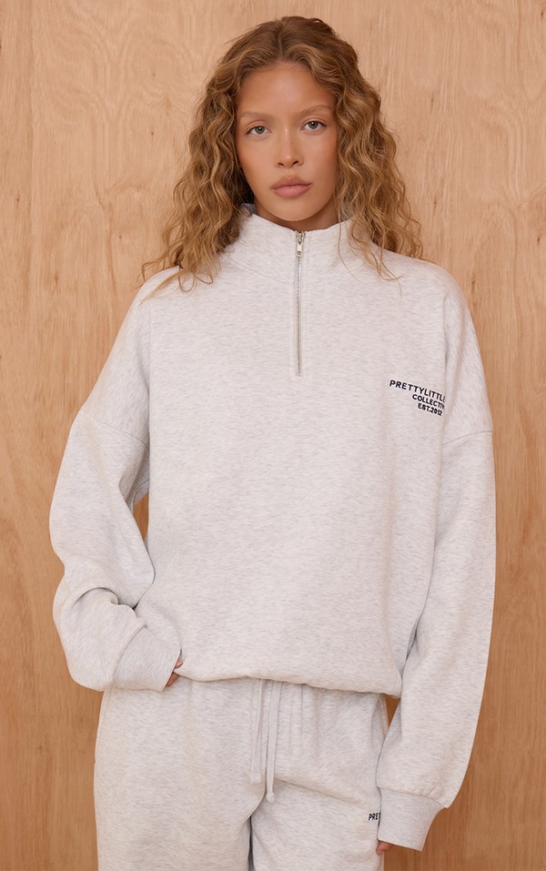 Ash Grey Prettylittlething Print Zip Front Hoodie