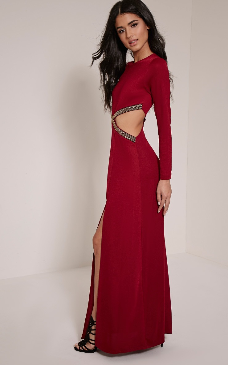 Tania Burgundy Cut Out Gold Trim Maxi Dress PrettyLittleThing