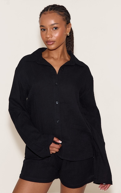 Petite Black Gauze Long Sleeve Short Pj Set