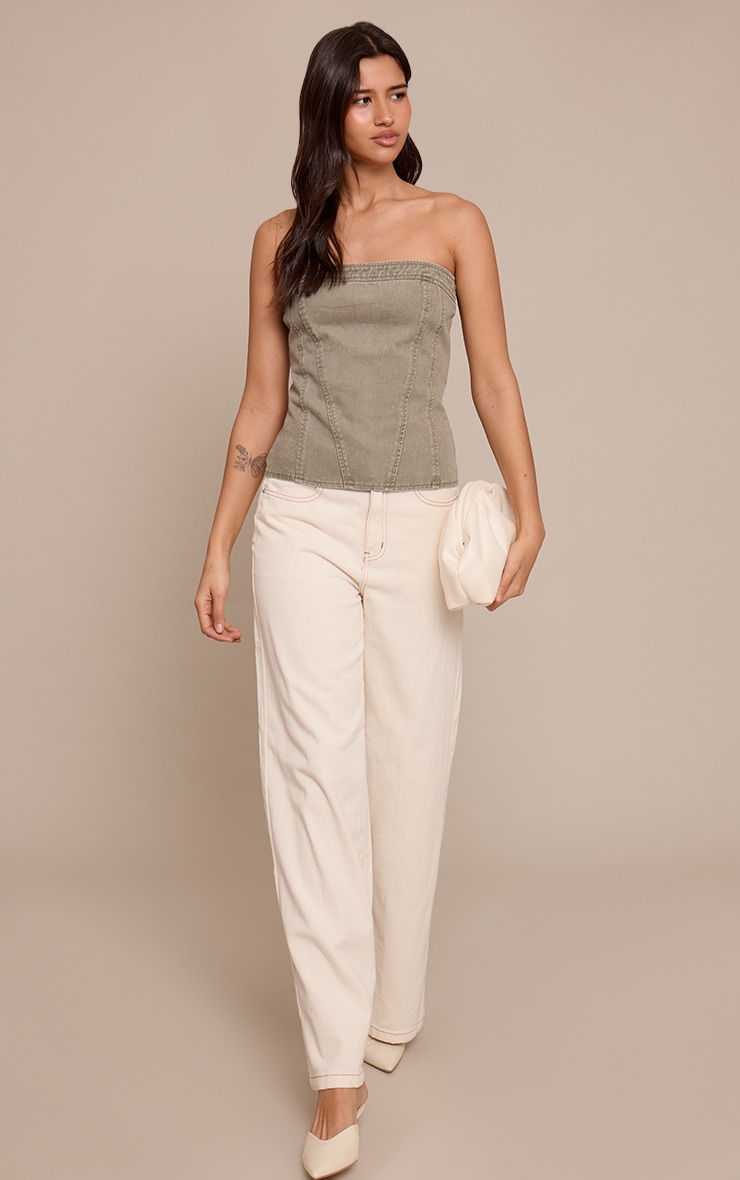 Tall Washed Khaki Strapless Bustier Detail Denim Corset Top image 3