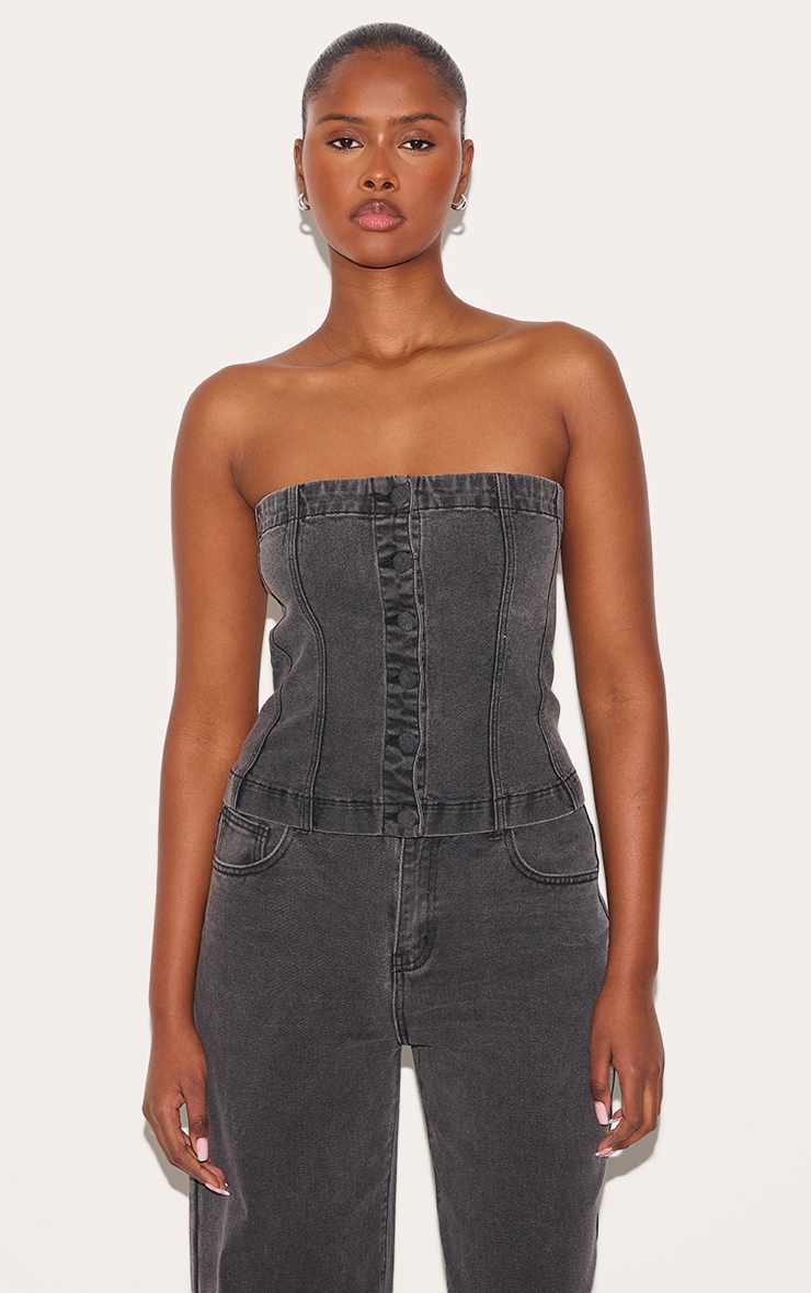 Washed Black Covered Button Longline Denim Top image 1