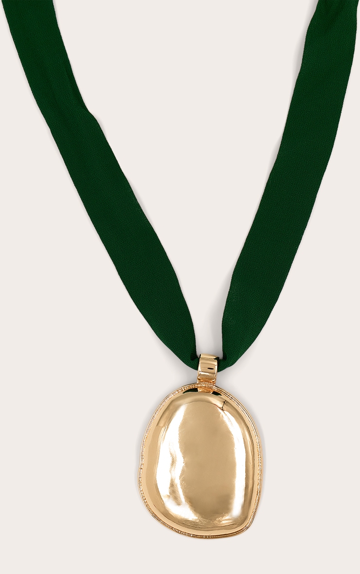 Gold Pendant Green Ribbon Necklace image 2