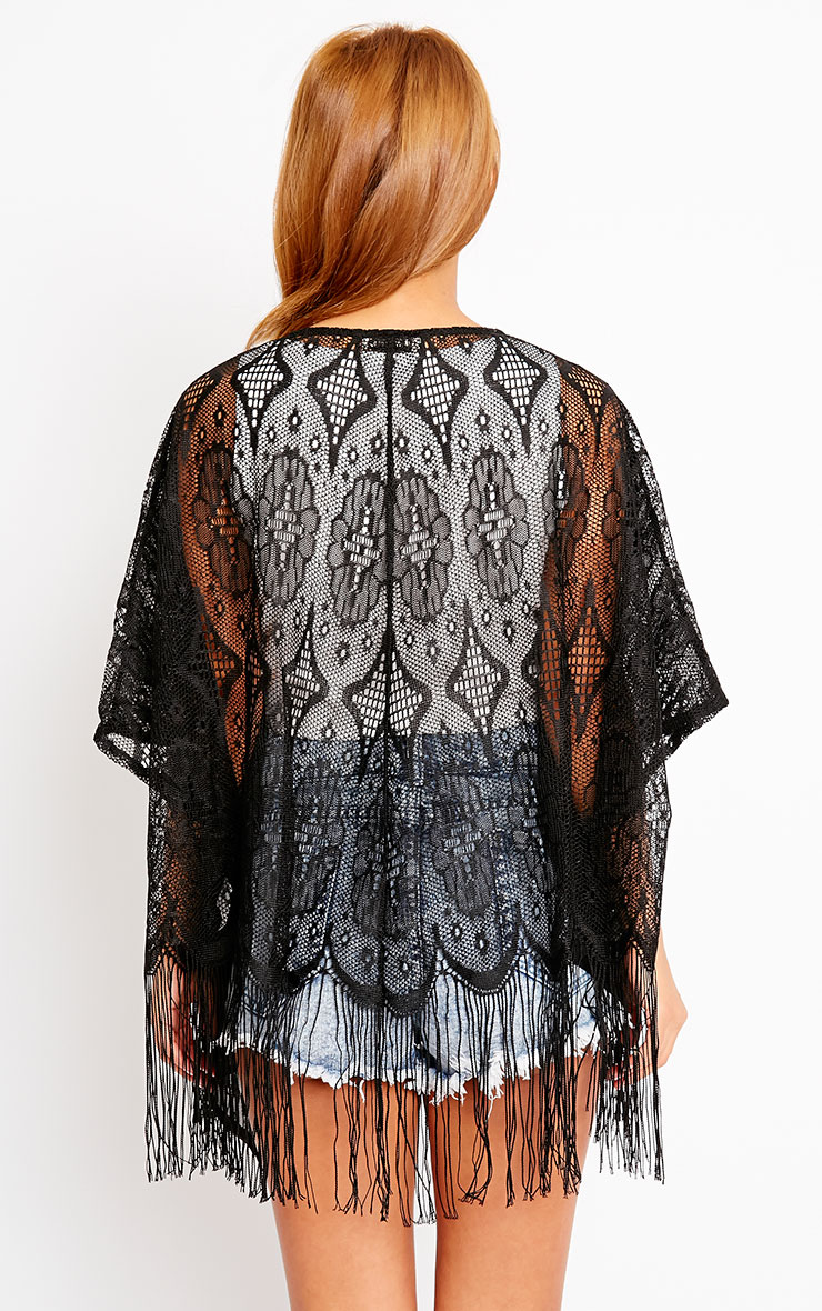 Ria Black Lace Fringe Kimono Knitwear PrettyLittleThing