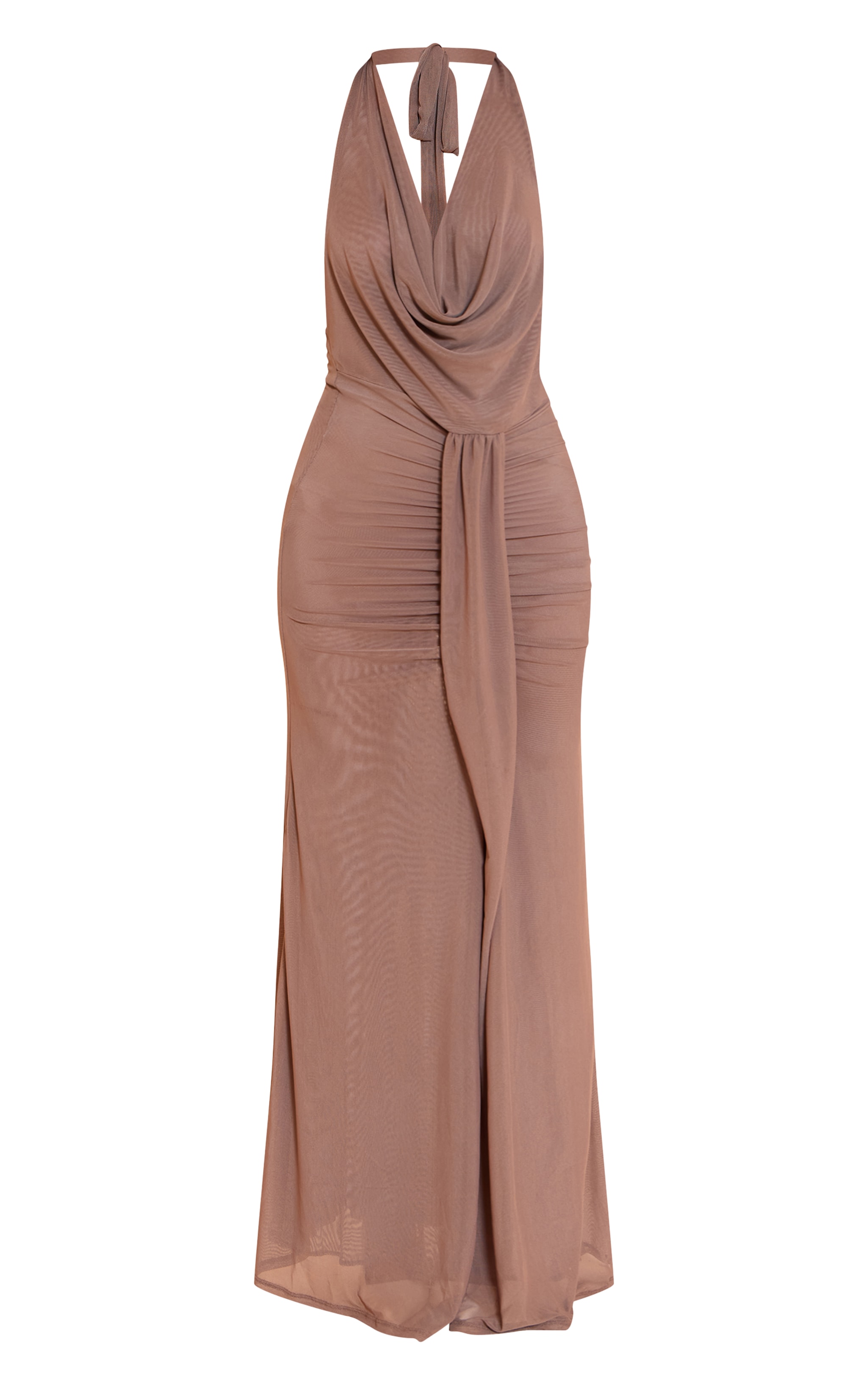 Taupe Double Layer Mesh Cowl Neck Maxi Dress image 5