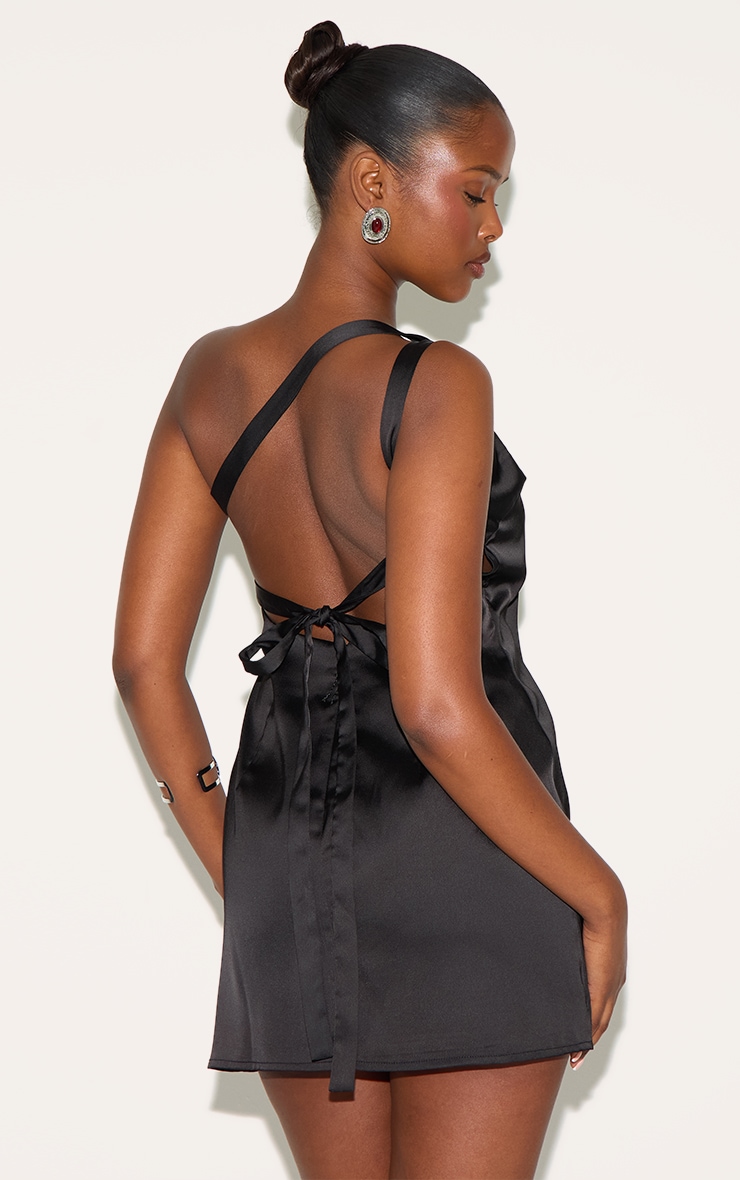 Black Satin One Shoulder Tie Back Mini Dress image 2