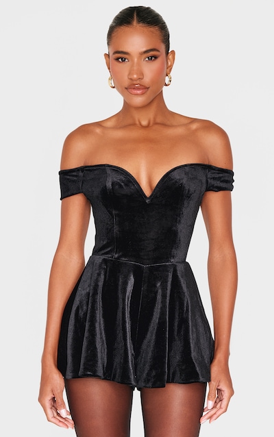 Black Velvet Bardot Sweetheart Neckline Floaty Playsuit