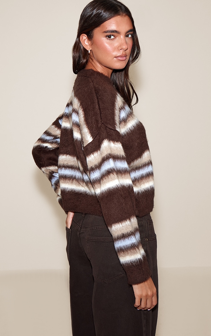 Chocolate Striped Brushed Knit Cardigan image 2