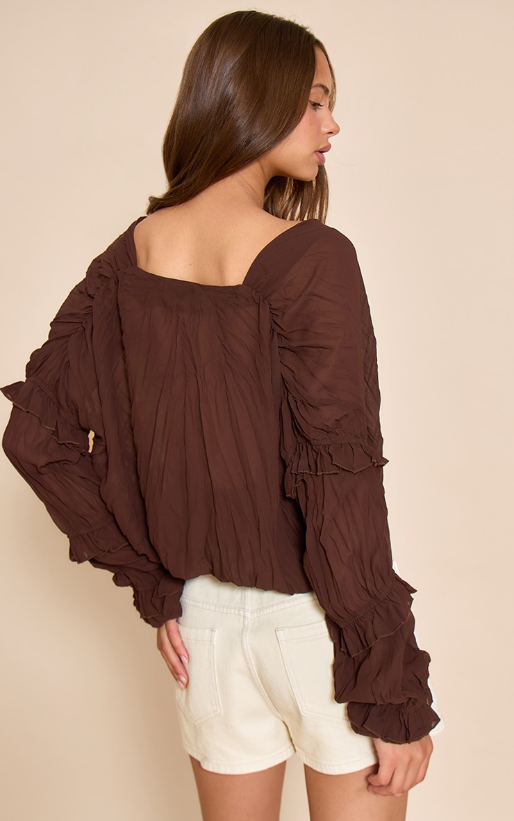 Chocolate Chiffon Ruffle Detail Plunge Blouse image 2