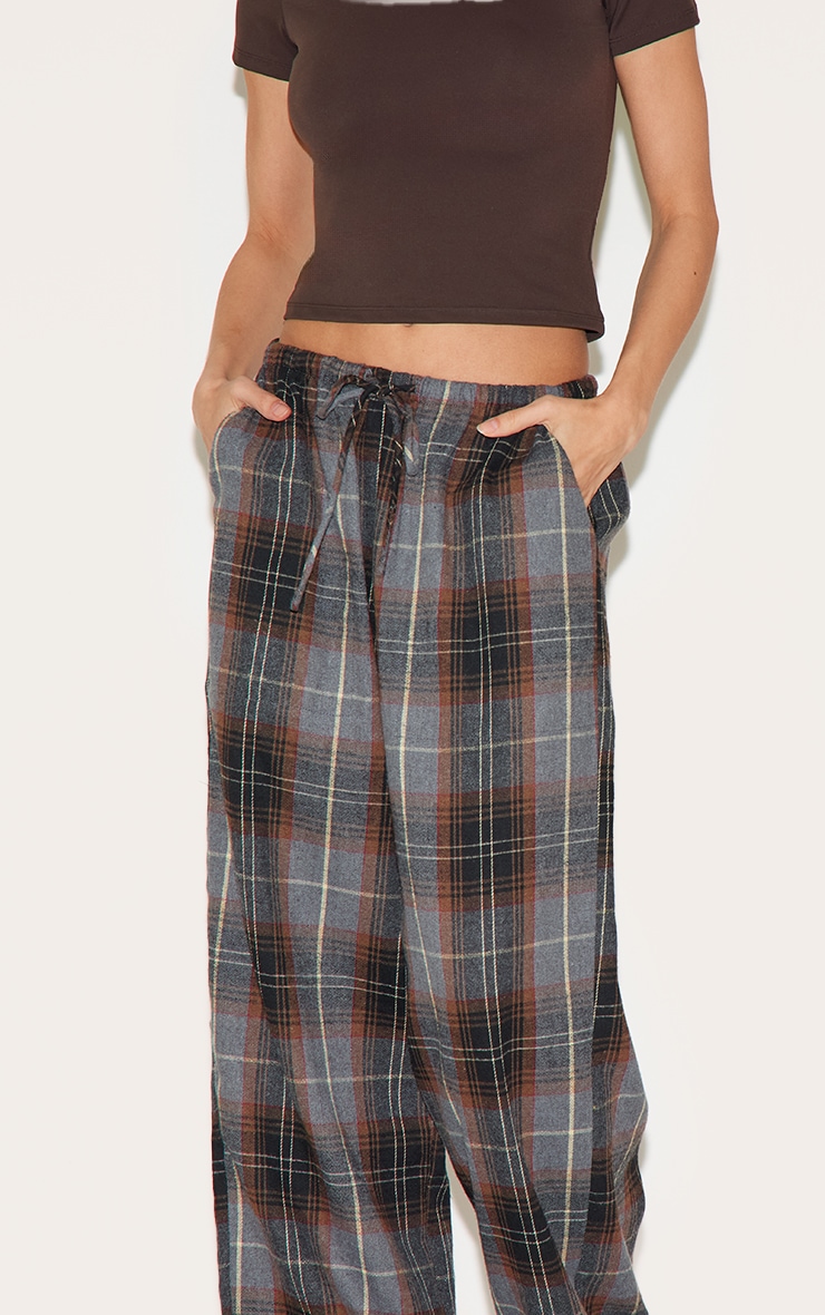 Dark Brown Check Print Drawstring Waist Slouchy Pants image 4