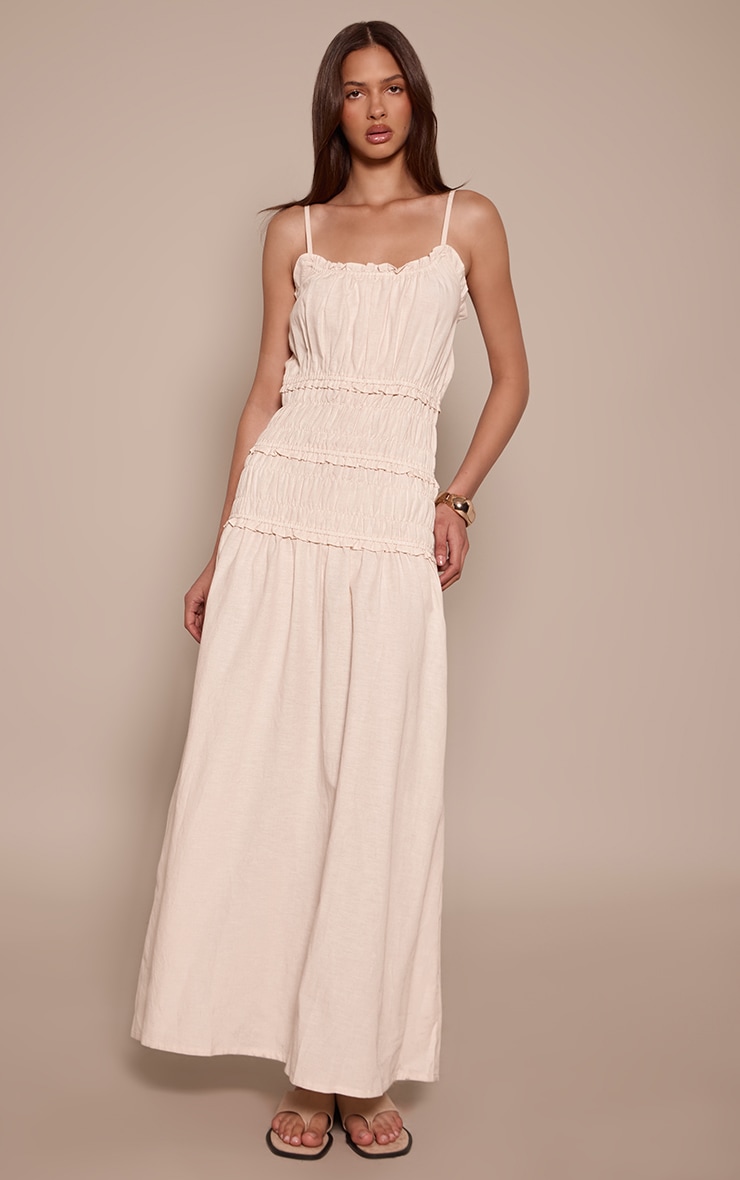 Cream Strappy Linen Look Shirred Detail Maxi Dress