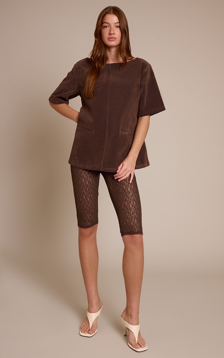 Dark Chocolate Faux Suede Oversized Boxy Detail Structured Top image 3